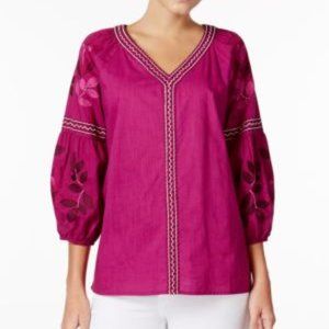 Charter Club Cotton Embroidered Bubble-Sleeve Top